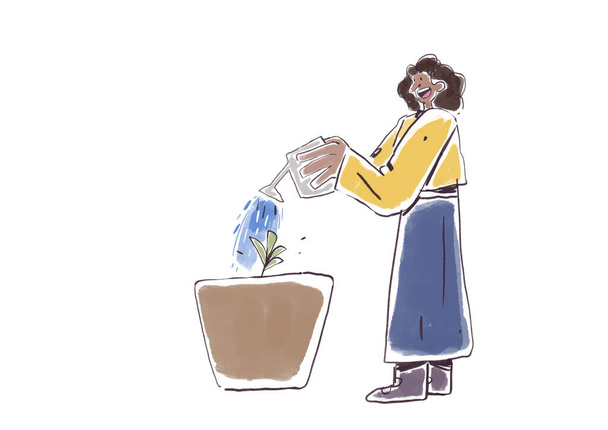 Happy woman pulvérise son pot de fleurs avec une petite plante, un jardin et un style de vie de dessin animé. Caricature amusante avec une couleur vive. Clip art pour site web, impression et annonces - Photo, image