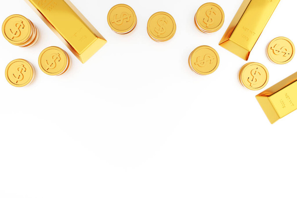 Stack of gold coin and gold bars or gold ingot, banking and financial concept, 3d render - Foto, Imagem