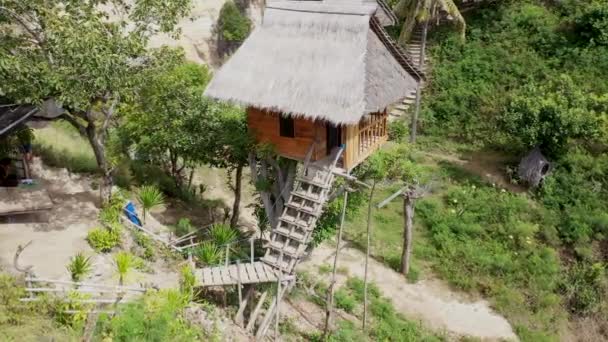 Letecká rotace kolem dřevěné chatrče na větvích stromů. Pohled na Indický oceán se skalními útvary Limaraja z domu na stromě. Rumah Pohon Molenteng, Nusa Penida, Bali - Záběry, video