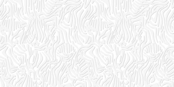 Zebra çizgili duvar kağıdı. Kabile desenli kabartma, kusursuz hayvan derisi deseni. Gölgeli tek renkli beyaz doku, kumaş, ambalaj kağıdı, kağıt için vahşi yaşam baskısı. Vektör illüstrasyonu - Vektör, Görsel