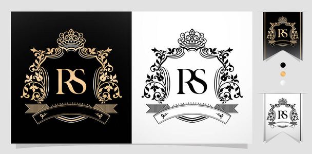 Emblème royal RS ou SR avec couronne, lettre initiale et nom graphique Cadres Bordure de motifs floraux avec deux couleurs de variation, RS ou SR Monogram, pour insignes, cadres de lettre initiale, nom de couple de mariage - Vecteur, image