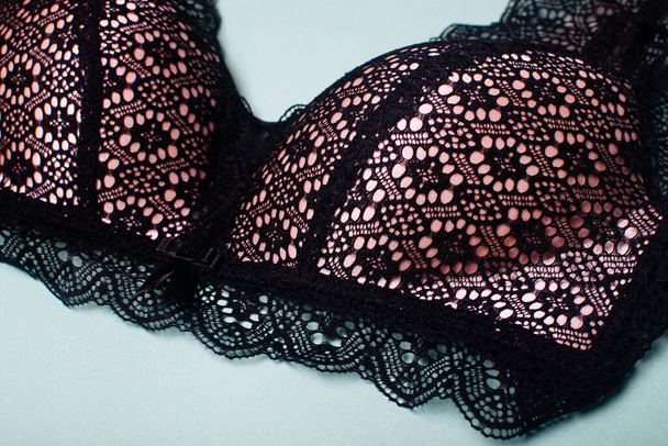 Beautiful black sports top bra. Black lace lingerie. - Valokuva, kuva