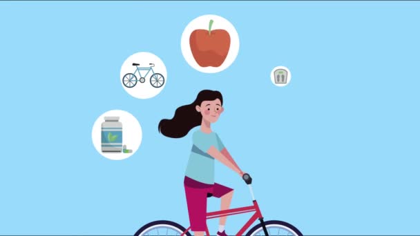 健康なアイコンアニメーションを持つ自転車の女性 - 映像、動画