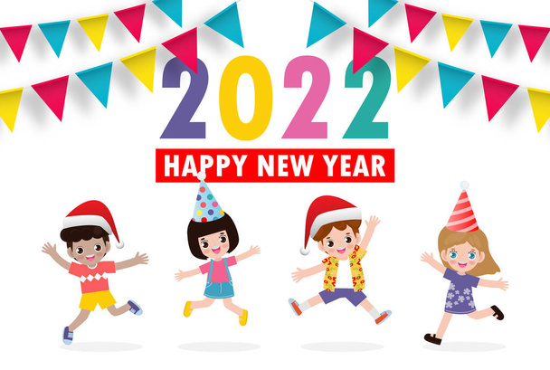 Hyvää uutta vuotta 2022 onnittelukortti ryhmä lapset hyppäämällä, onnellisia lapsia Hyvää uutta vuotta, lippu Värikäs tausta Vektori Kuvitus eristetty - Vektori, kuva