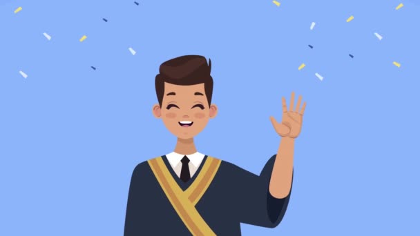 chico graduado celebrando animación de personajes - Metraje, vídeo
