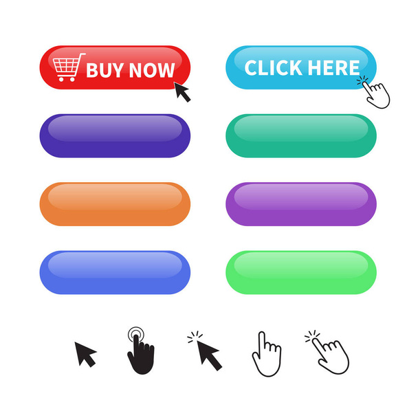 Conjunto de botón brillante de colores. Haga clic aquí botón. Botón en blanco para el sitio web y aplicaciones móviles. Haga clic en el cursor del ratón. Ilustración vectorial. - Vector, imagen