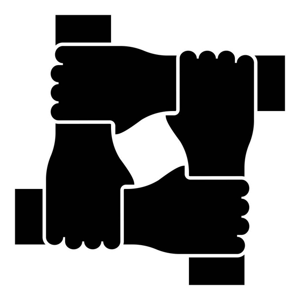 Τέσσερα χέρια μαζί έννοια ομαδικότητα ενωμένη ομάδα οδηγεί βραχίονα αλληλεπιδρούν μεταξύ τους στον καρπό από κοινού συνεργασία εικονίδιο μαύρο χρώμα διάνυσμα απεικόνιση επίπεδη στυλ απλή εικόνα - Διάνυσμα, εικόνα