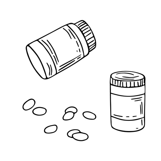 Conjunto de comprimidos y frascos de cápsulas. Ilustración de garabatos dibujados a mano. Atención de la salud, terapia, concepto de tratamiento. Aislado. Vector - Vector, Imagen