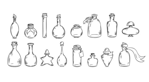 Vektorsorok gyűjteménye: lombikok, üvegek, üvegek. - Vektor, kép