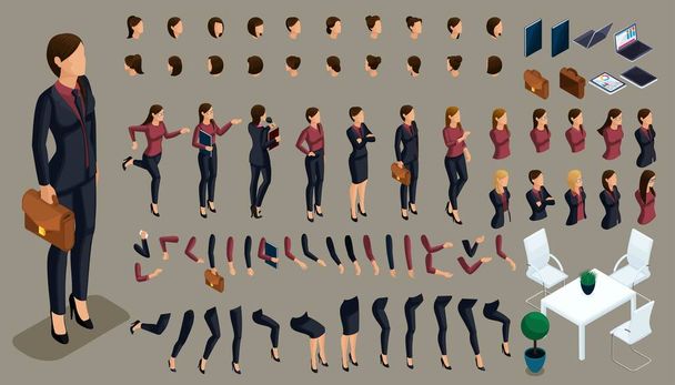 Large isometric Set of gestures of hands and feet of a woman 3d business lady. Create your own isometric character in stylish clothes, an office worker for vector illustrations - Vector, imagen