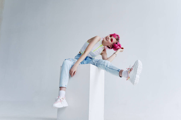 hipster woman with pink hair creative Acid style design - 写真・画像