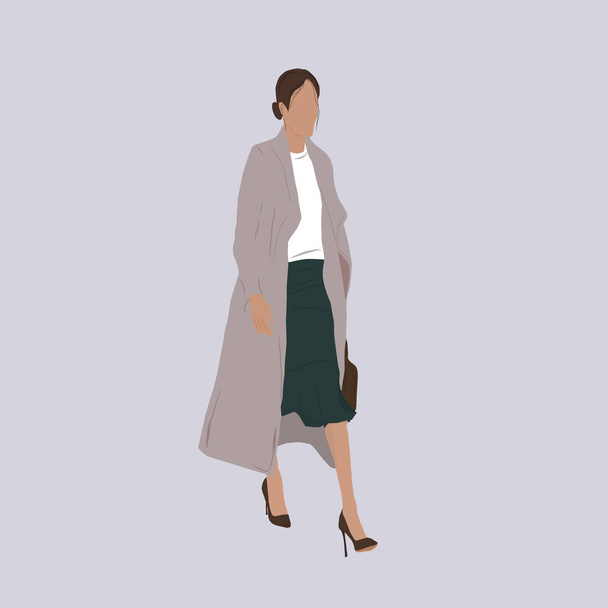 A business woman in a coat, green skirt, white blouse and brown shoes. Vector illustration. - Vector, imagen