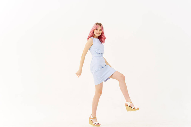 woman in dress posing with pink hair glamor isolated background - Foto, Imagem