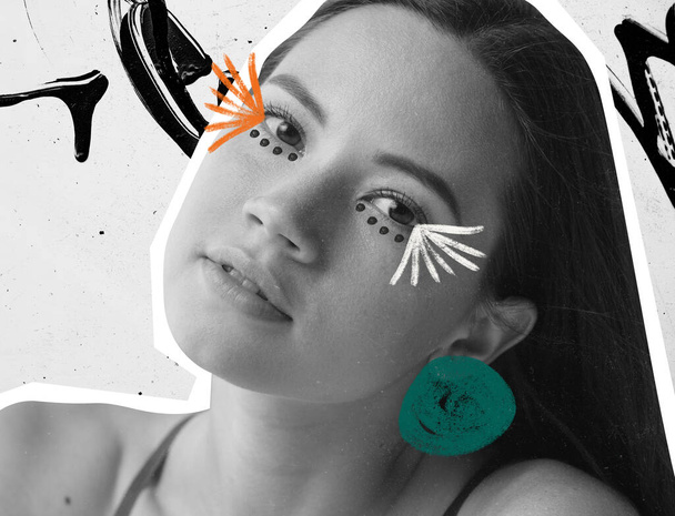 Zeitgenössische Kunst Collage von jungen zarten Mädchen mit gezeichneten Accessoires isoliert über weißem Hintergrund - Foto, Bild