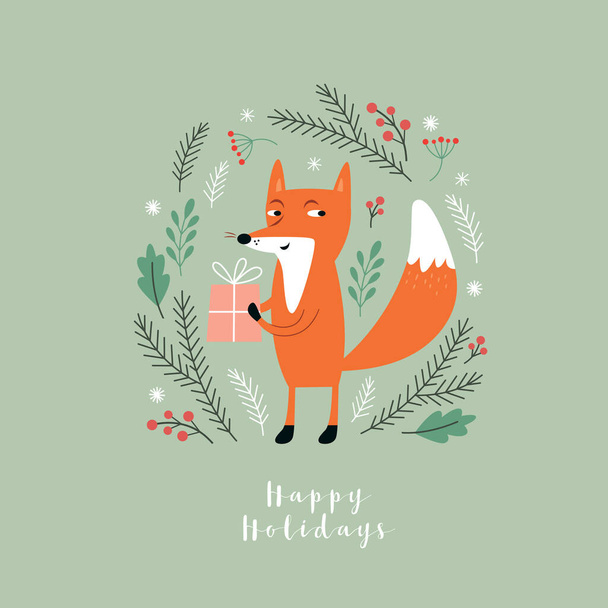 Cute fox with gift box,  Christmas card - Vektör, Görsel