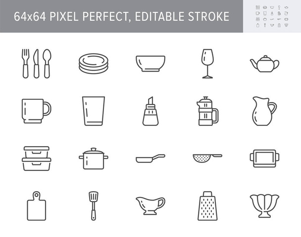 Kitchen utensil line icons. Vector illustration include icon - tableware, dish, pan, casserole spatula, plate, wineglass, cup, mug, frenchpictogram for crockery. 64x64 Pixel Perfect, Editable Stroke - Vector, Image
