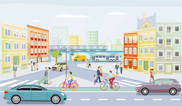 City silhouette with intersection in a city and people on the sidewalk, illustration - Vector, Image