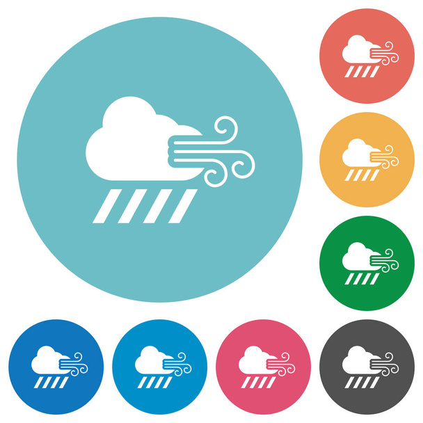 Wind und Regen Wetter flache weiße Symbole auf runden Farbhintergründen - Vektor, Bild