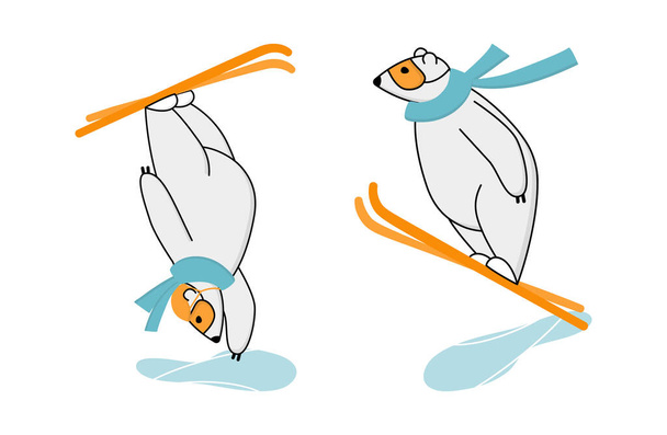 Esquí de estilo libre oso polar. Mascota divertida salto de esquí y esquí freestyle sobre el trampolín - Vector, imagen