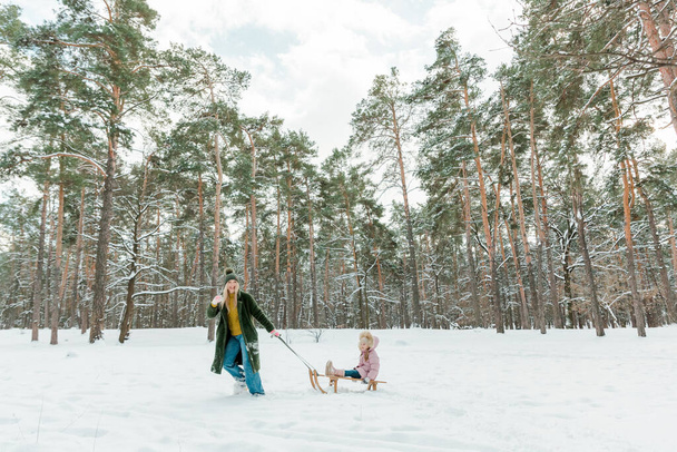 Jonge mooie vrouw met klein meisje die zich buiten amuseert in het winterpark. Moeder en haar dochtertje sleeën buiten. - Foto, afbeelding