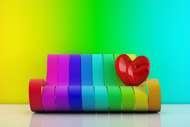 in liefde hart staande op een regenboog couch - 3d render - Foto, afbeelding