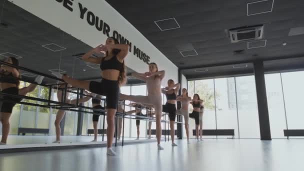 Grupa elastycznych kobiet trenujących razem w barre, ćwiczących ćwiczenia rozciągające balet w studio tańca, śledzących strzał - Materiał filmowy, wideo