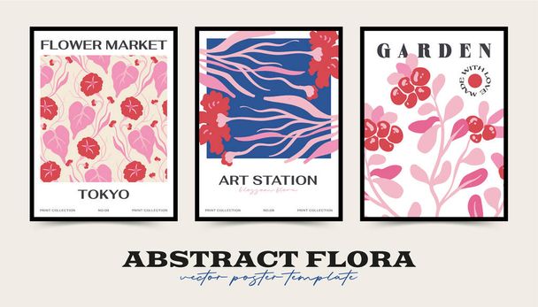 Collezione di poster floreali astratti. Moderno stile minimale alla moda Matisse. Colori rosa e blu. - Vettoriali, immagini