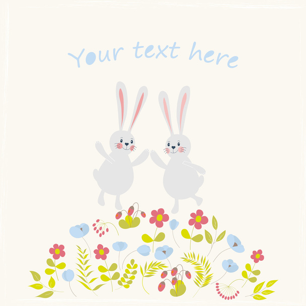 Cute floral card with rabbits. - Vector, afbeelding