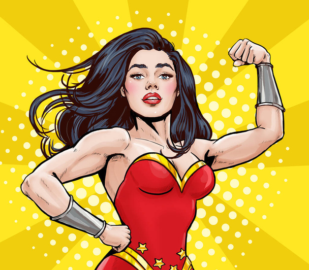 Pop Art superheld vrouw. Affiche voor vrouwenreclame. Een stripvrouw die haar biceps laat zien. We kunnen het doen. Supervrouw - Foto, afbeelding