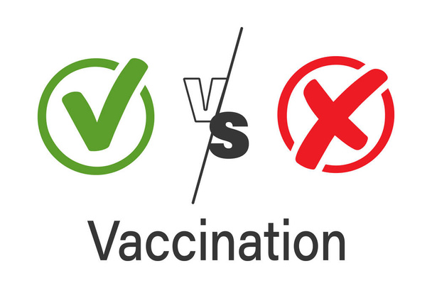  Illustratie van vaccinatie. 'Ja' versus 'nee'. Maak een keuze. Een rond groen bord met een vinkje tegen een rode met een kruis. Grijze inscriptie vaccinatie. Vectorillustratie - Vector, afbeelding