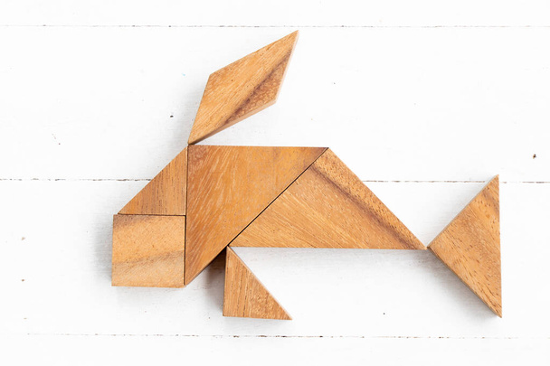 Puzzle tangram en bois en forme de poisson ou de carpe sur fond de bois blanc - Photo, image