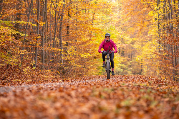 nice senior woman riding her mountainbike on the autumnal forest trails near Stuttgart, beautiful warm colors, Baden-Wuerttemberg, Alemanha - Foto, Imagem