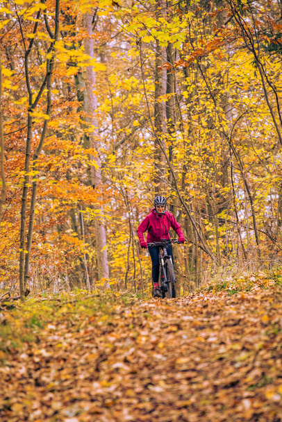 miła seniorka jeżdżąca na rowerze górskim po jesiennych leśnych ścieżkach niedaleko Stuttgartu, piękne ciepłe kolory, Baden-Wuerttemberg, Niemcy - Zdjęcie, obraz