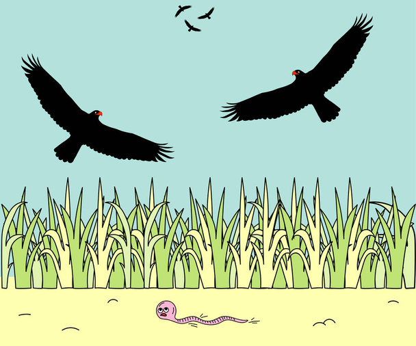 ilustración a color de los niños donde un gusano se arrastra en el horror de águilas voladoras - Vector, imagen
