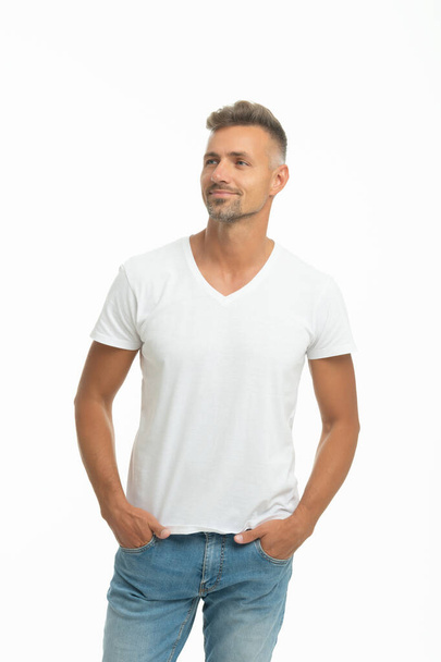 Casual means comfortable. Happy guy on casual. Handsome man isolated on white - Fotoğraf, Görsel