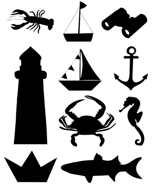 set of nautical icons, black silhouette vector, isolated - Вектор,изображение