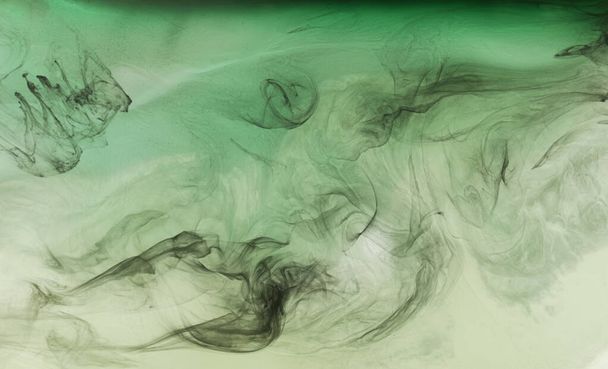 Green smoke on black ink background, colorful fog, abstract swirling emerald ocean sea, acrylic paint pigment underwater - Foto, immagini