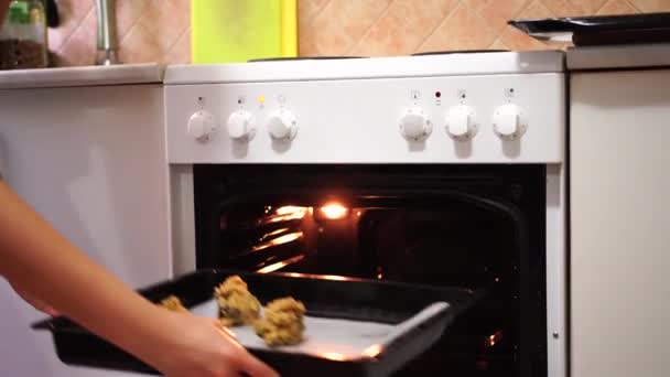 Κορίτσι βάζει τα μπισκότα στο φούρνο με μια λάμπα καύση - Πλάνα, βίντεο