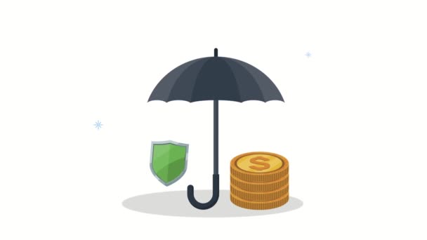 ασφαλιστική υπηρεσία animation ομπρέλα και ασπίδα με κέρματα - Πλάνα, βίντεο