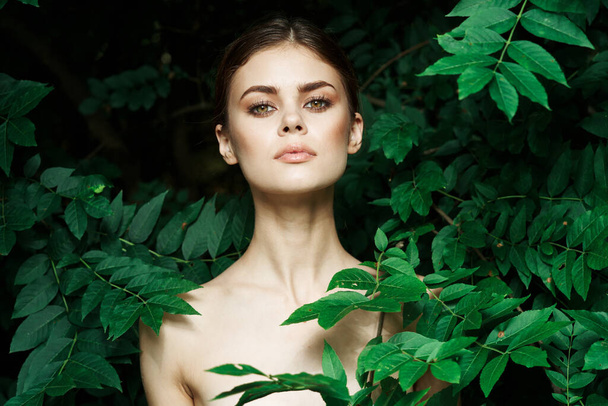 portrait of a woman skin care bare shoulders green leaves nature Lifestyle - Foto, afbeelding