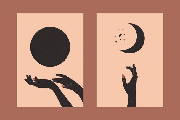 Мінімалістичні плакати Бохо. Руки, що тримають сучасний фон сонця та Місяця, декор стін середини століття. Векторний художній принт
 - Вектор, зображення