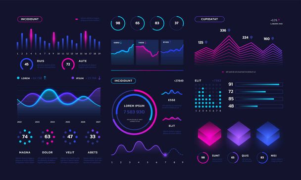 Futuristic UI dashboard. Technology infographic data interface charts, statistic, diagrams. Digital vector illustration - Vector, Image