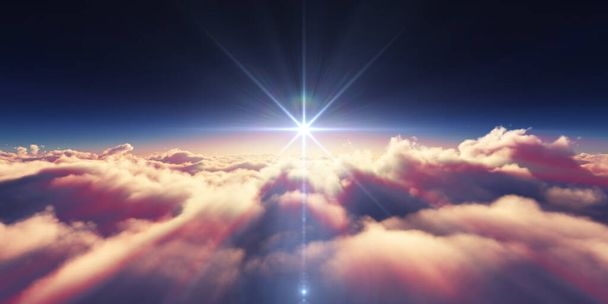 над облаками солнечный луч иллюстрация, 3D рендеринг - Фото, изображение