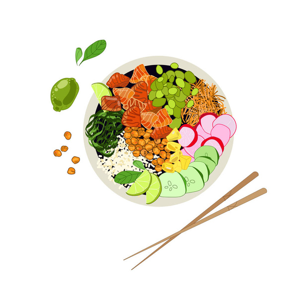 Tazón para picar salmón con arroz, wakame y pepino, rábanos, zanahorias, garbanzos y otras verduras - Vector, imagen