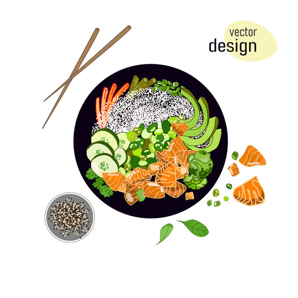 Vista superior de poke bowl con salmón y aguacate, arroz, judías verdes y otras verduras, dibujadas al estilo garabato - Vector, imagen