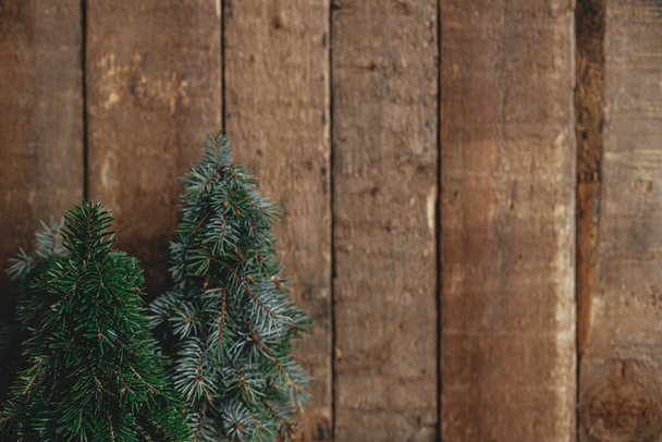 Joyeux Noël ! Arbres de Noël élégants sur un vieux fond rustique en bois. Espace pour le texte. La carte de voeux de la saison. L'avènement des fêtes. Petit décor de pins fait à la main - Photo, image