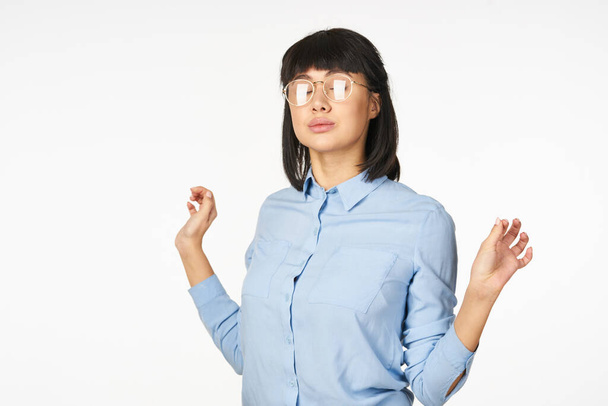 woman in blue shirt executive business work emotions - Фото, изображение