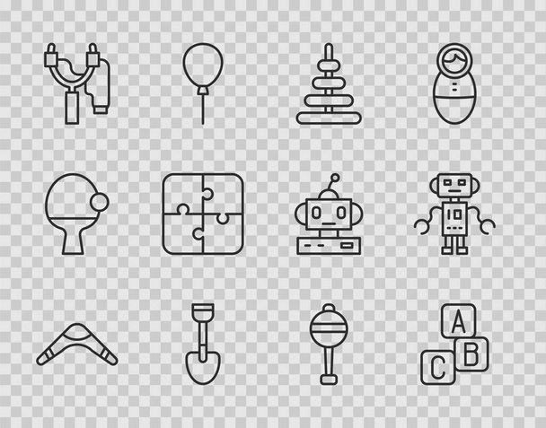 Set line Boomerang, ABC bloky, Pyramida hračka, Shovel, Prak, Puzzle kusy, Chrastítko dítě a robot ikona. Vektor - Vektor, obrázek