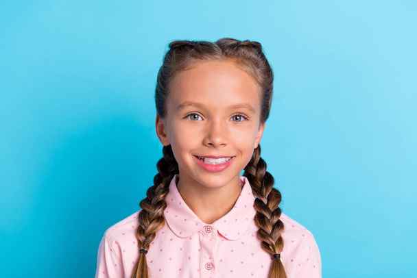 Photo of young attractive girl happy positive toothy smile stomatology isolated over blue color background. - Photo, image