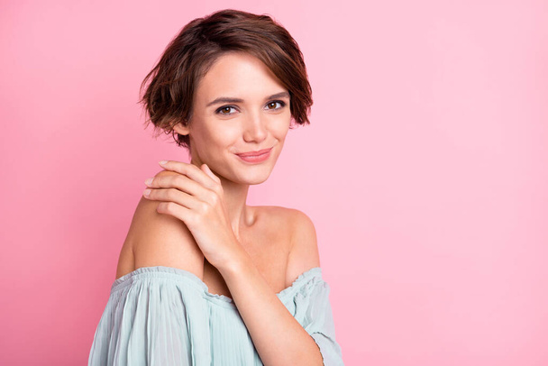 Photo of young attractive girl happy positive smile wear off-shoulders blouse pretty adorable isolated over pastel color background. - Fotoğraf, Görsel
